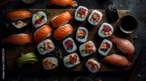 Closeup of fresh sushi. Generative AI.