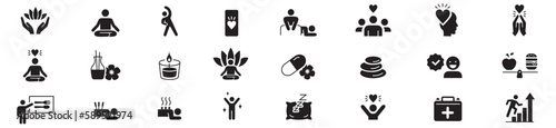 Wellness, relaxation, health, exercise, yoga, spa, diet, wellbeing, icon set collection.