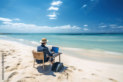 Businessman working on laptop computer on the beach with blue sky background, work life balance concept. Generative AI