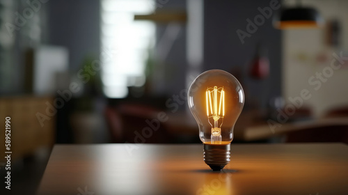 Light bulb on office background. Illustration AI Generative.