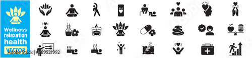 Wellness, relaxation, health, exercise, yoga, spa, diet, wellbeing, icon set collection.