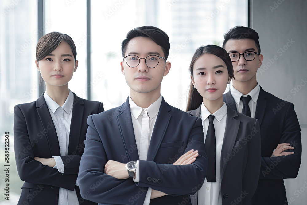 Group of asian business people standing in office with arms crossed. Generative AI Group of asian business people standing in office with arms crossed. Generative AI