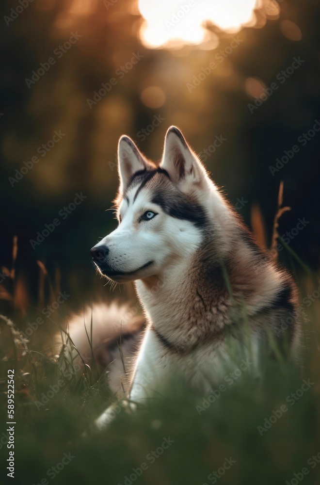 Siberian husky sits in the grass in the forest. Generative AI.