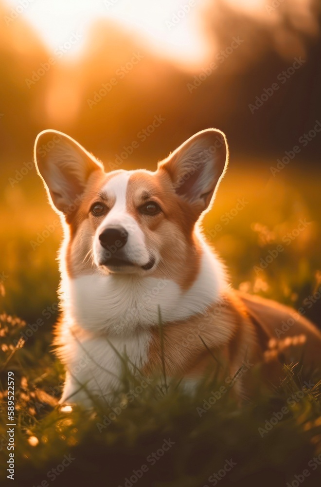 Pembroke Welsh Corgi is sitting in the grass in the park. Generative AI. Pembroke Welsh Corgi is sitting in the grass in the park. Generative AI.