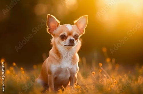 Chihuahua puppy is sitting on the grass outdoor. Generative AI. © Hanna