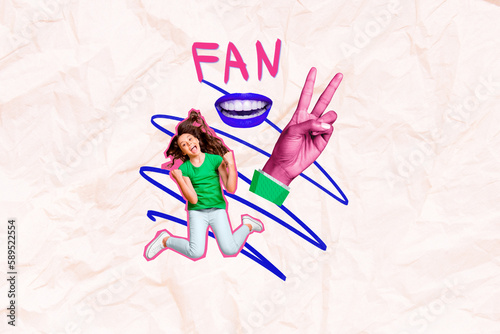 Creative photo collage of cheerful funny overjoyed girl jumping clenching fists big hand show v-sign isolated on drawing background