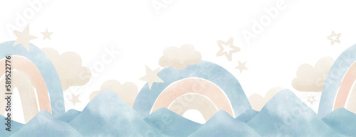 Seamless Border with Mountains and Rainbows for Baby shower in pastel colors. Hand drawn watercolor pattern with clouds and stars for kid banner on isolated background. Drawing for childish design.