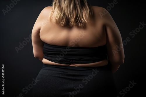 Weight, obese, overweight. Rear view of a fat woman in a studio. Generative AI