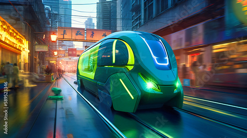 A futuristic electric cargo transport, navigating through a bustling city with a seamless and efficient approach to transportation