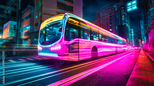 A futuristic electric cargo transport driving through a modern city with a glowing neon light trail behind it, showcasing innovation and energy