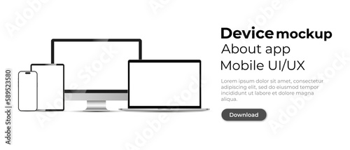 Realistic mockups computer, laptop, tablet and smartphone on isolated background. Device screen mockup collection. Empty screen mockup. Vector EPS 10