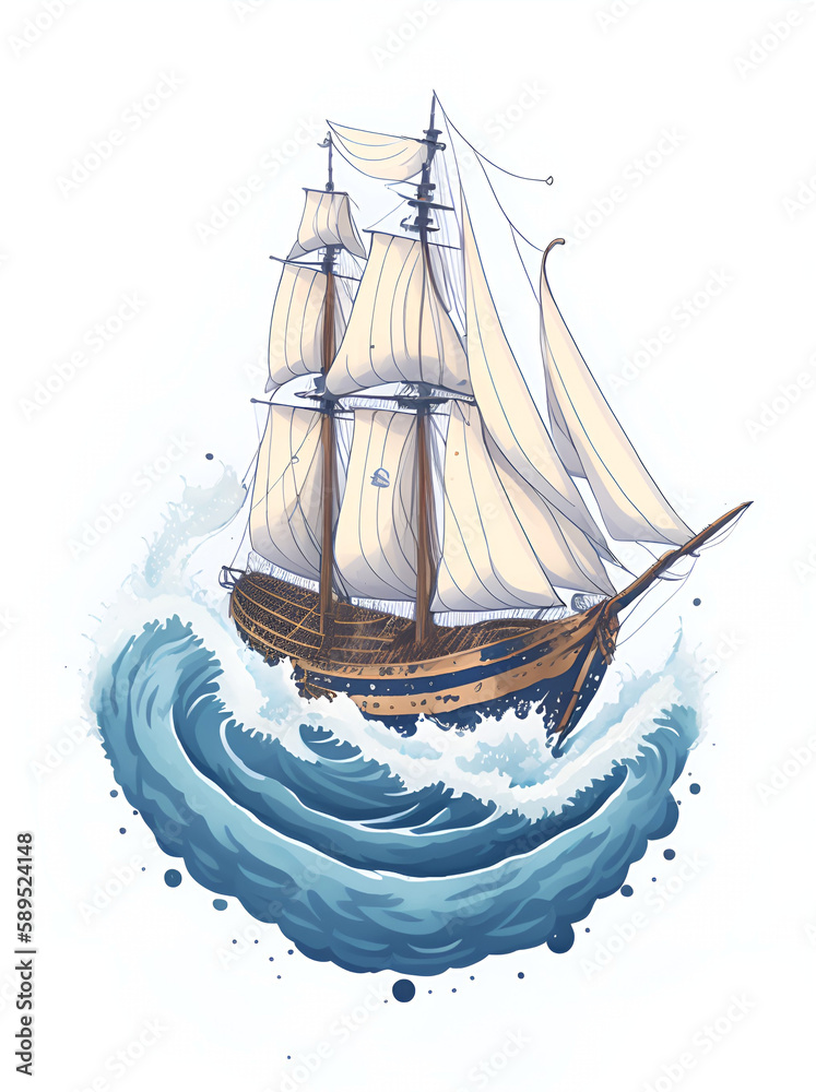 Schooner ship cartoon. AI generated illustration