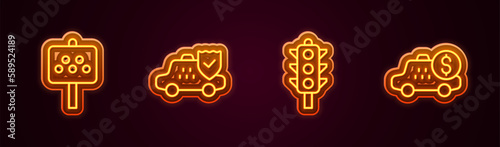 Set line Road sign for a taxi stand, Taxi car insurance, Traffic light and Taximeter device. Glowing neon icon. Vector
