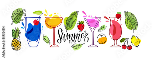 Non-alcoholic cocktails, fruit ingredients, Summer time lettering. Various colored drinks. Mixed drinks. Bright cocktail glasses. Exotic tropical beach bar Flat linear cartoon vector icons isolated. photo