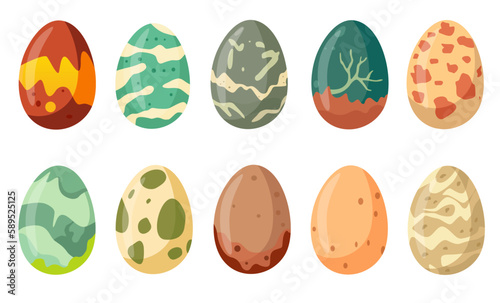 Cartoon color dinosaur whole eggs icons set. Vector flat illustration isolated on white background © AlexxxA
