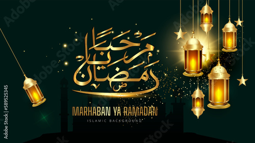 Marhaban ya ramadhan Background. with arabic calligraphy, mosque silhouette and lantern background, for Islamic greeting card and poster.