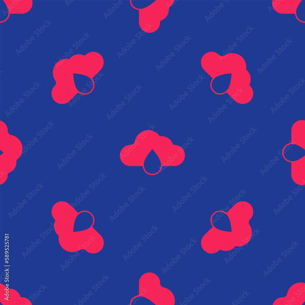 Red Cloud with rain icon isolated seamless pattern on blue background. Rain cloud precipitation with rain drops. Vector
