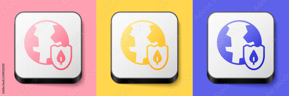 Isometric Earth with shield icon isolated on pink, yellow and blue background. Insurance concept. Security, safety, protection, privacy concept. Square button. Vector Isometric Earth with shield icon isolated on pink, yellow and blue background. Insurance concept. Security, safety, protection, privacy concept. Square button. Vector