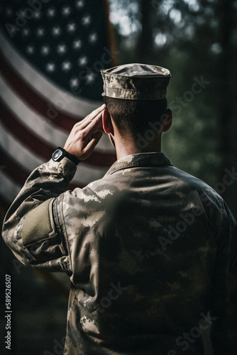 Respect and Honor: A Captivating Back View Photography of Military Saluting the USA Flag, a Tribute to Patriotism and Sacrifice