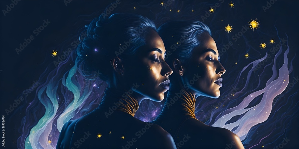 portrait of a two twin woman in the night. Surrealistic art portrait of ...