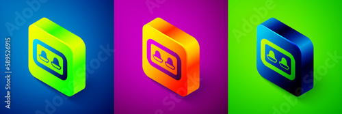 Isometric Earplugs with storage box icon isolated on blue, purple and green background. Ear plug sign. Noise symbol. Sleeping quality concept. Square button. Vector