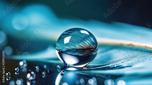 Round water droplet on blue feather. Macro world. Based on Generative AI