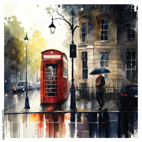 Watercolor illustration of rainly London street, vector.