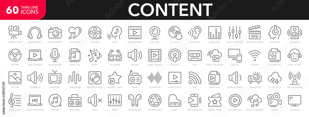 Content line icons set. Audio and Video line icons set. Media outline icons collection. Music, camera, microphone, webcam, earphones, cinema, television - stock vector.