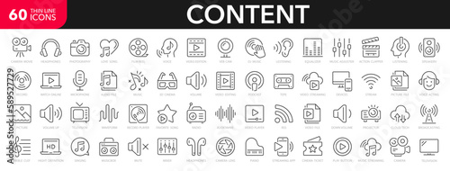 Content line icons set. Audio and Video line icons set. Media outline icons collection. Music, camera, microphone, webcam, earphones, cinema, television - stock vector.