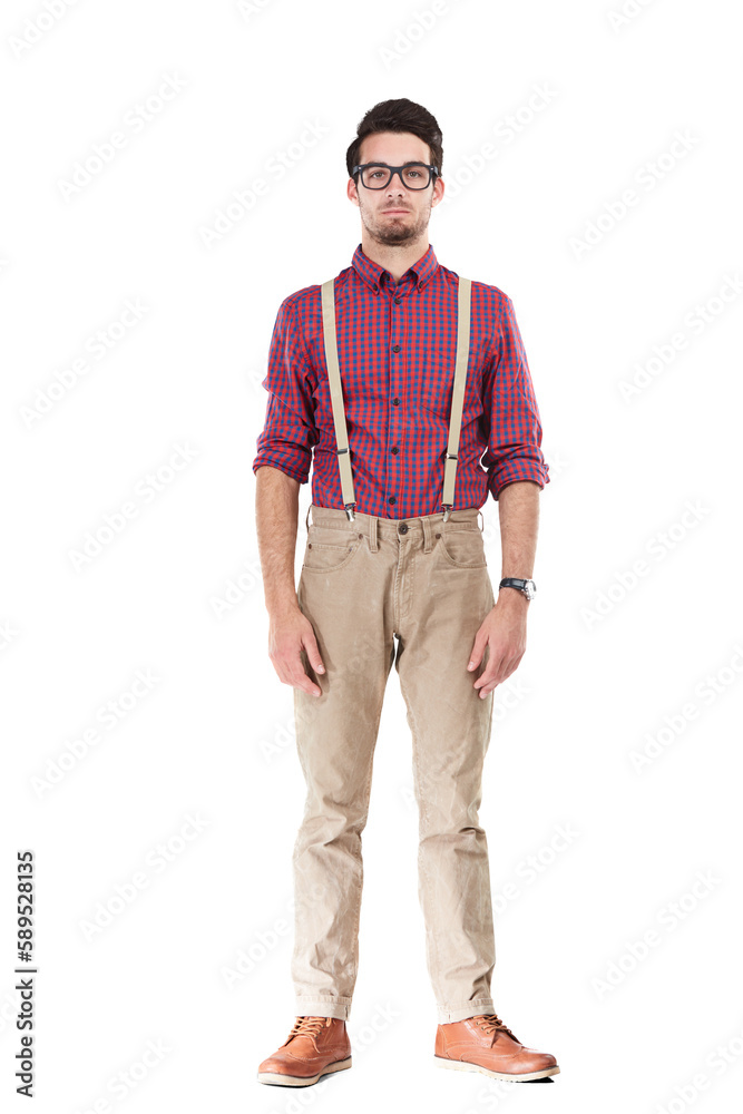 Nerdy man, serious face with hipster fashion standing awkwardly with arms on his sides. Funky dressed gentleman wearing suspenders, smart guy with blank stare isolated on a transparent background Nerdy man, serious face with hipster fashion standing awkwardly with arms on his sides. Funky dressed gentleman wearing suspenders, smart guy with blank stare isolated on a transparent background