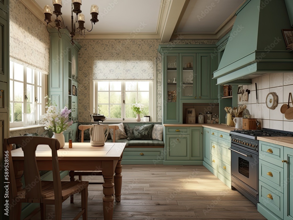 Country house kitchen interior design with mint colored cabinets ...