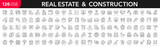 Real Estate and Construction line icons set. Real Estate outline icons collection. Purchase and sale of housing, builder, crane, rental of premises, insurance, realty, measure, tool - stock vector.