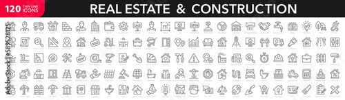 Real Estate and Construction line icons set. Real Estate outline icons collection. Purchase and sale of housing, builder, crane, rental of premises, insurance, realty, measure, tool - stock vector.