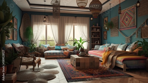 Ethnic boho style room interior with blue walls and patterned carpet, generative ai bohemian living room ideas © Sabine
