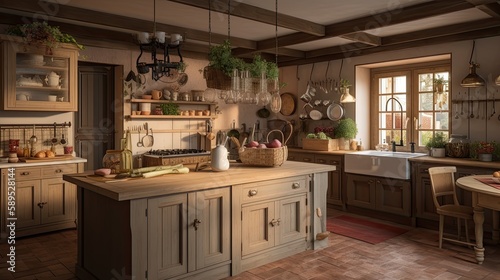 Country house kitchen interior design, generative ai cottage like room design for woodsy traditional home with natural colors