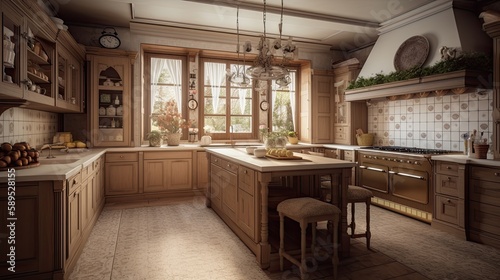 Country house kitchen interior design, generative ai room design for stylish traditional home with natural colors
