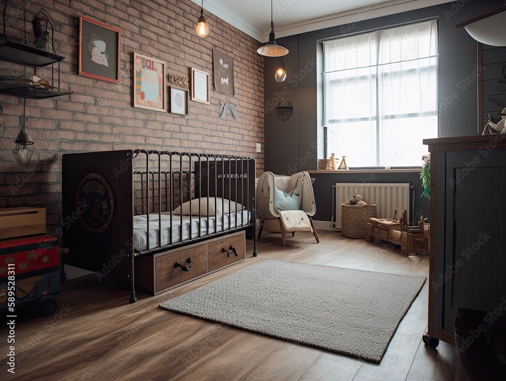 Industrial nursery interior design with a brown brick wall, original ...