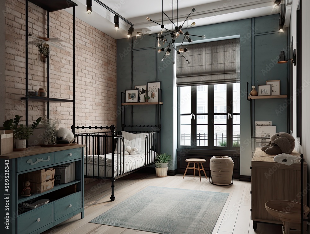 Industrial room interior with bed, metal and brick accents, original ...