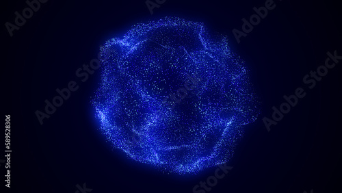 Abstract blue sphere with connecting dots. Wireframe technology sphere of particles. Big data visualization. 3d rendering.