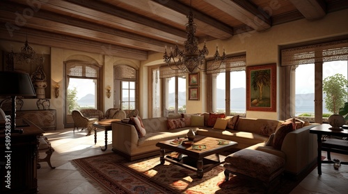Comfy mediterranean living room interior design with table and sofas and windows, generative ai room design without people and with matching furniture photo