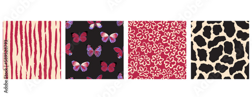 Set of nature seamless patterns with colorful butterflies, stripes, hand drawn ditsy florals and abstract textures. Viva magenta, cream and black colours.