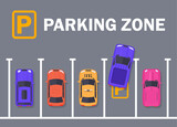 Parking sign P on the lawn. Multiple cars in parking lot with lens guard lines and directional arrows on asphalt road. 