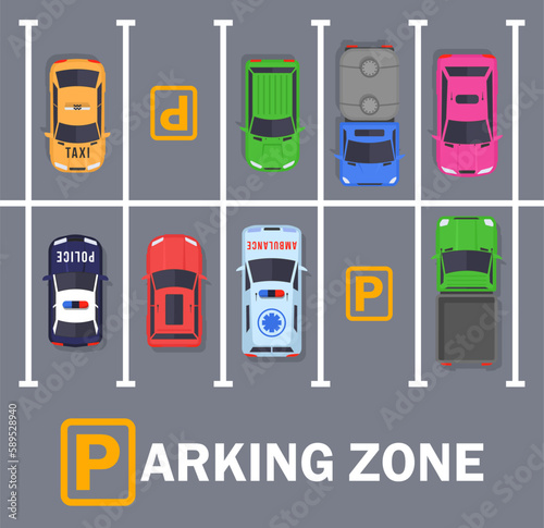 Free parking here poster in flat style. Urban traffic concept, top view parked cars in parking zone, outdoor auto park, public parking lot, city transport services vector illustration.