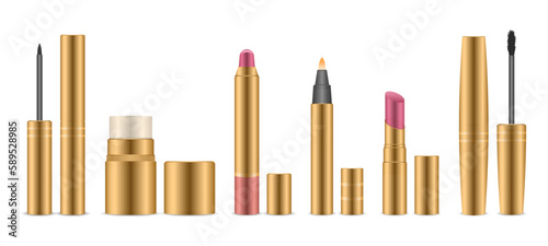 Cosmetics and beauty makeup products realistic vector mockups set