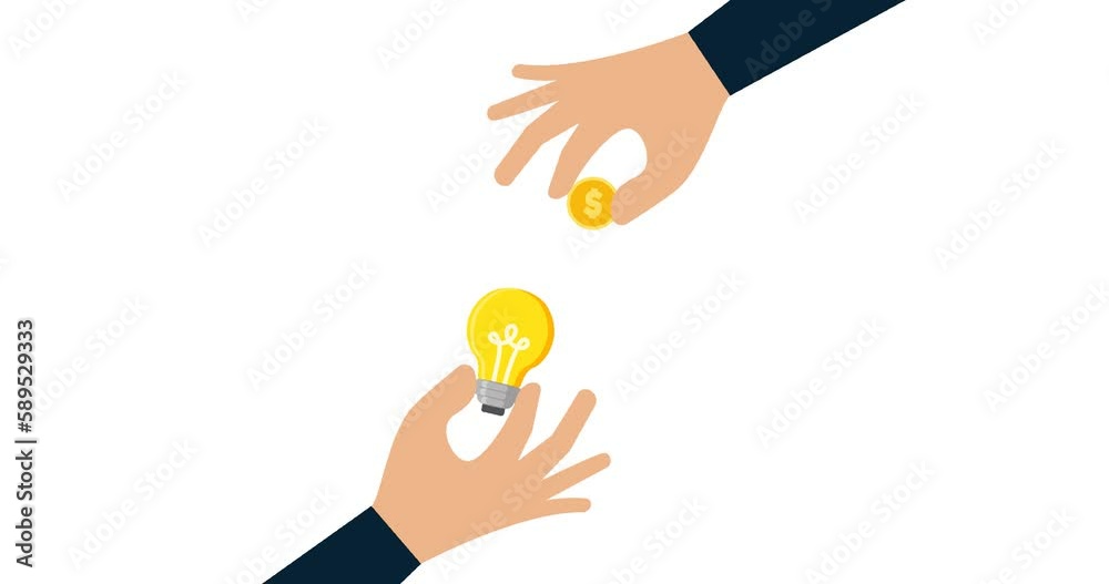 4k motion design of Crowd funding, start up company to get money, businessman hand giving money dollar coin to new business idea light bulb