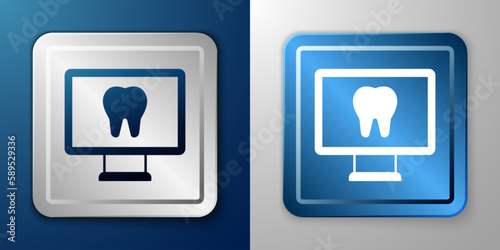 White Online dental care icon isolated on blue and grey background. Dental service information call center. Silver and blue square button. Vector