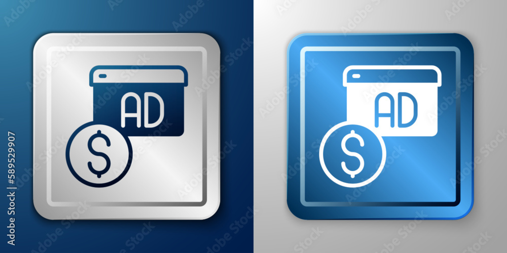 White Advertising icon isolated on blue and grey background. Concept of marketing and promotion process. Responsive ads. Social media advertising. Silver and blue square button. Vector White Advertising icon isolated on blue and grey background. Concept of marketing and promotion process. Responsive ads. Social media advertising. Silver and blue square button. Vector