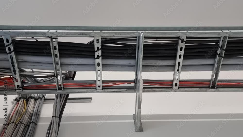 Power and data cables run along the ceiling to safely connect devices ...