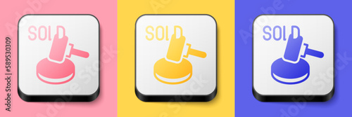 Isometric Auction hammer icon isolated on pink, yellow and blue background. Gavel - hammer of judge or auctioneer. Bidding process, deal done. Auction bidding. Square button. Vector