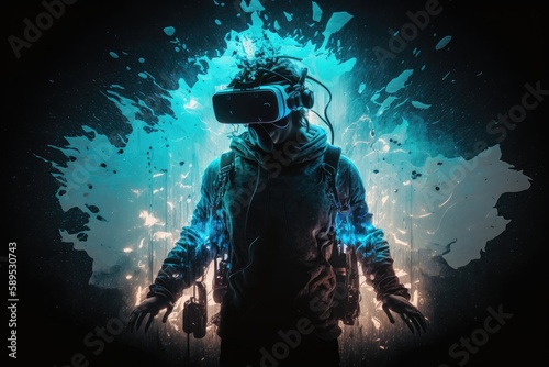 Man wearing virtual reality goggles. Future technology concept